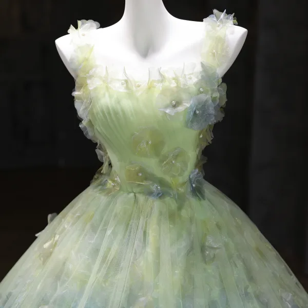 Flower Fairy Sage Green Pearl Appliques Prom Dresses 2025 Ball Gown Spaghetti Straps Sleeveless Backless Floor-Length / Long Formal Dresses