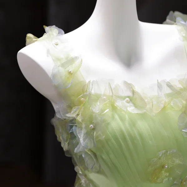 Flower Fairy Sage Green Pearl Appliques Prom Dresses 2025 Ball Gown Spaghetti Straps Sleeveless Backless Floor-Length / Long Formal Dresses
