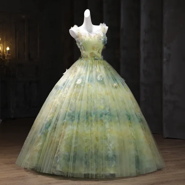 Flower Fairy Sage Green Pearl Appliques Prom Dresses 2025 Ball Gown Spaghetti Straps Sleeveless Backless Floor-Length / Long Formal Dresses