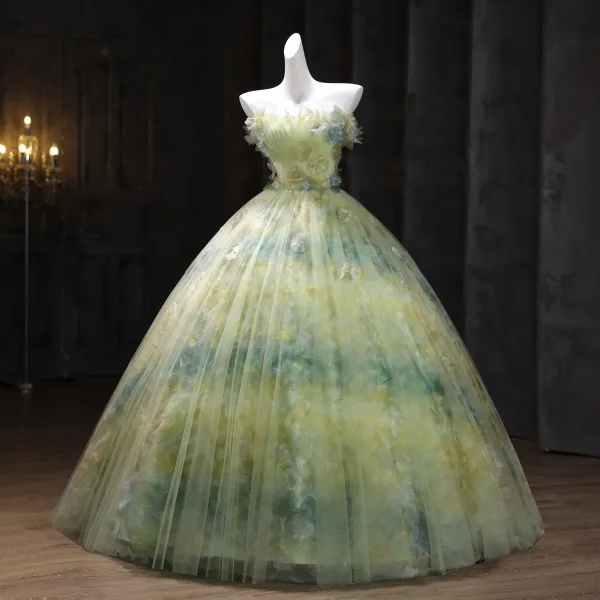 Flower Fairy Sage Green Pearl Appliques Prom Dresses 2025 Ball Gown Spaghetti Straps Sleeveless Backless Floor-Length / Long Formal Dresses