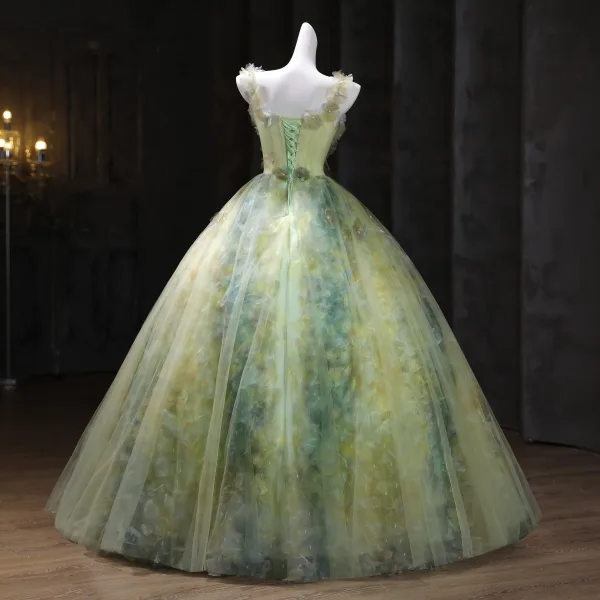 Flower Fairy Sage Green Pearl Appliques Prom Dresses 2025 Ball Gown Spaghetti Straps Sleeveless Backless Floor-Length / Long Formal Dresses