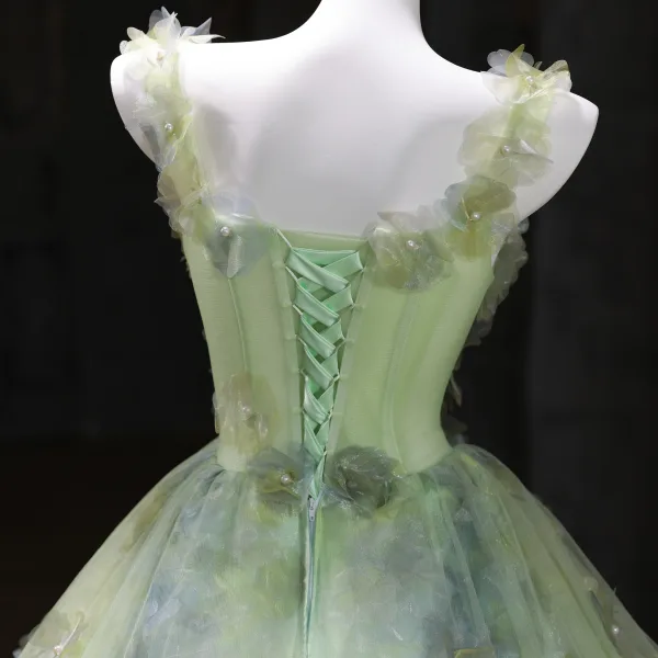 Flower Fairy Sage Green Pearl Appliques Prom Dresses 2025 Ball Gown Spaghetti Straps Sleeveless Backless Floor-Length / Long Formal Dresses