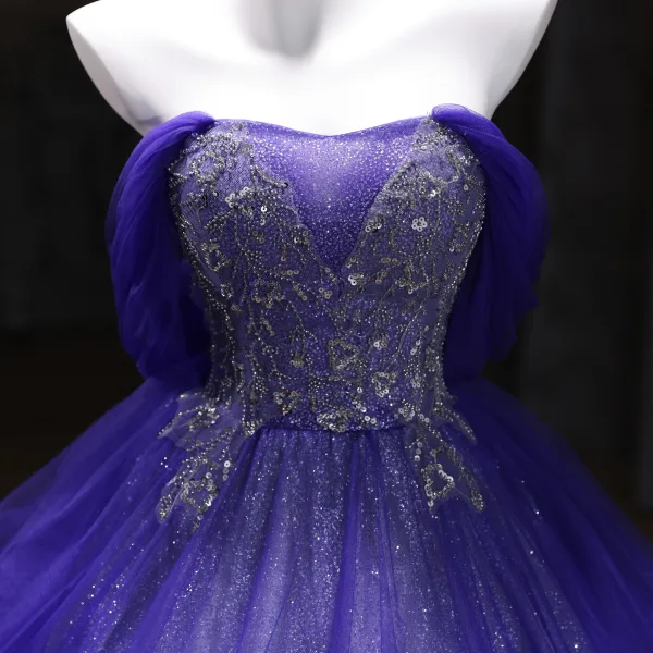 Vintage / Retro Purple Beading Sequins Prom Dresses 2025 Ball Gown Strapless Sleeveless Backless Floor-Length / Long Formal Dresses