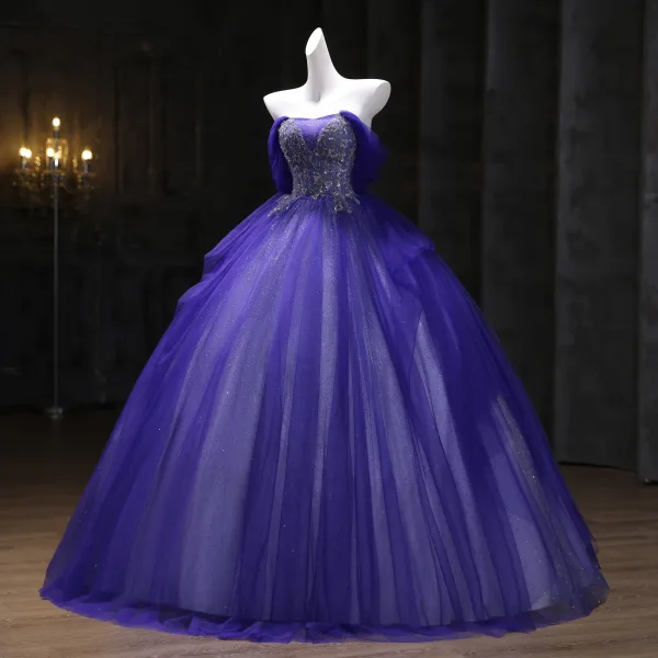 Vintage / Retro Purple Beading Sequins Prom Dresses 2025 Ball Gown Strapless Sleeveless Backless Floor-Length / Long Formal Dresses