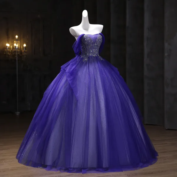 Vintage / Retro Purple Beading Sequins Prom Dresses 2025 Ball Gown Strapless Sleeveless Backless Floor-Length / Long Formal Dresses