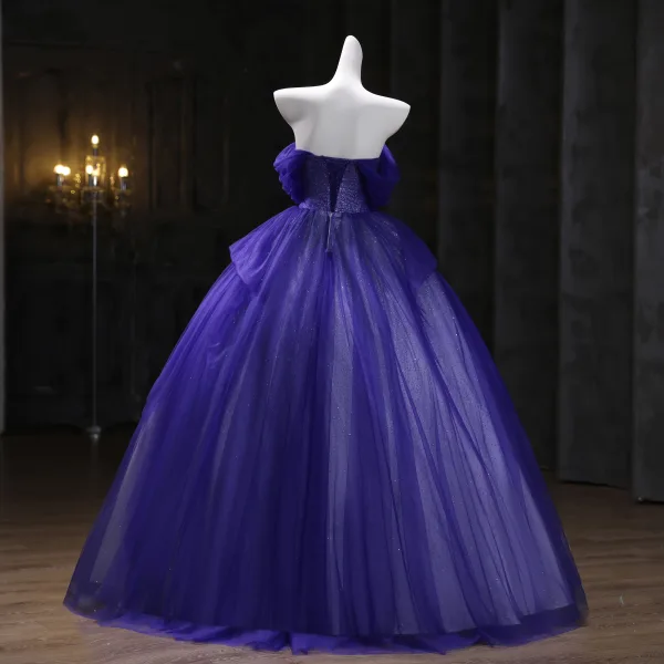 Vintage / Retro Purple Beading Sequins Prom Dresses 2025 Ball Gown Strapless Sleeveless Backless Floor-Length / Long Formal Dresses