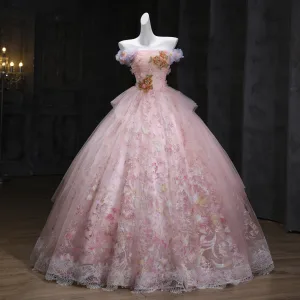 Flower Fairy Blushing Pink Beading Sequins Lace Flower Appliques Prom Dresses 2025 Ball Gown Strapless Sleeveless Backless Floor Length Long Formal Dresses