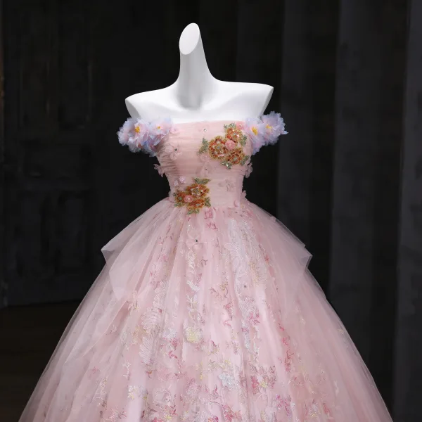 Flower Fairy Blushing Pink Beading Sequins Lace Flower Appliques Prom Dresses 2025 Ball Gown Strapless Sleeveless Backless Floor-Length / Long Formal Dresses