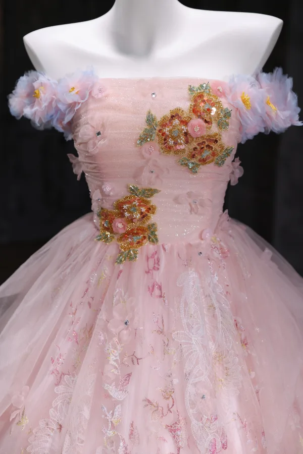 Flower Fairy Blushing Pink Beading Sequins Lace Flower Appliques Prom Dresses 2025 Ball Gown Strapless Sleeveless Backless Floor-Length / Long Formal Dresses