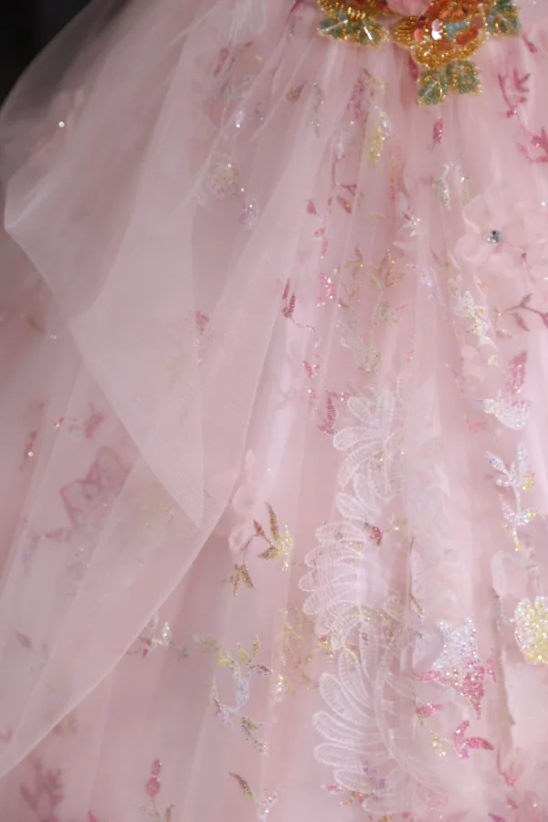 Flower Fairy Blushing Pink Beading Sequins Lace Flower Appliques Prom Dresses 2025 Ball Gown Strapless Sleeveless Backless Floor-Length / Long Formal Dresses