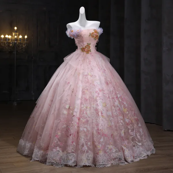Flower Fairy Blushing Pink Beading Sequins Lace Flower Appliques Prom Dresses 2025 Ball Gown Strapless Sleeveless Backless Floor-Length / Long Formal Dresses