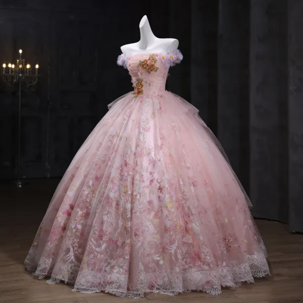 Flower Fairy Blushing Pink Beading Sequins Lace Flower Appliques Prom Dresses 2025 Ball Gown Strapless Sleeveless Backless Floor-Length / Long Formal Dresses