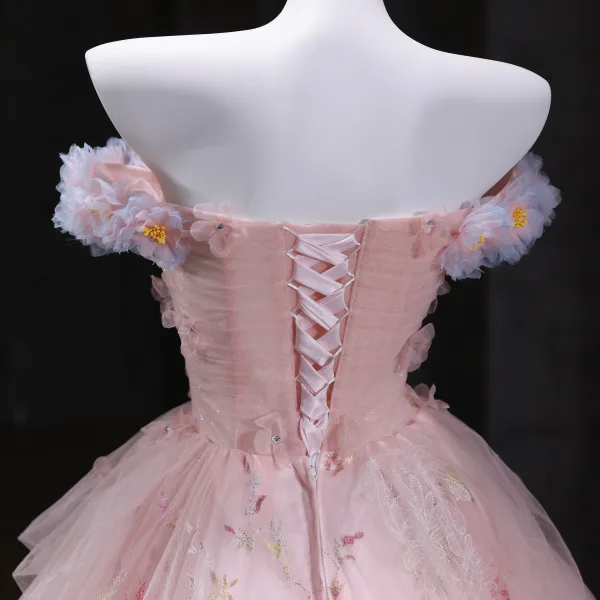 Flower Fairy Blushing Pink Beading Sequins Lace Flower Appliques Prom Dresses 2025 Ball Gown Strapless Sleeveless Backless Floor-Length / Long Formal Dresses