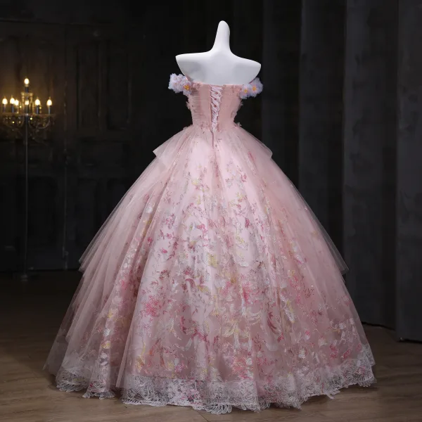 Flower Fairy Blushing Pink Beading Sequins Lace Flower Appliques Prom Dresses 2025 Ball Gown Strapless Sleeveless Backless Floor-Length / Long Formal Dresses