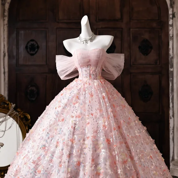 Blumenfee Rosa Applikationen Pailletten Ballkleider 2026 Ballkleid Off Shoulder Kurze Ärmel Rückenfreies Lange Festliche Kleider