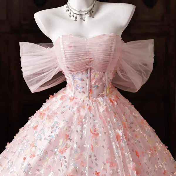 Blumenfee Rosa Applikationen Pailletten Ballkleider 2026 Ballkleid Off Shoulder Kurze Ärmel Rückenfreies Lange Festliche Kleider