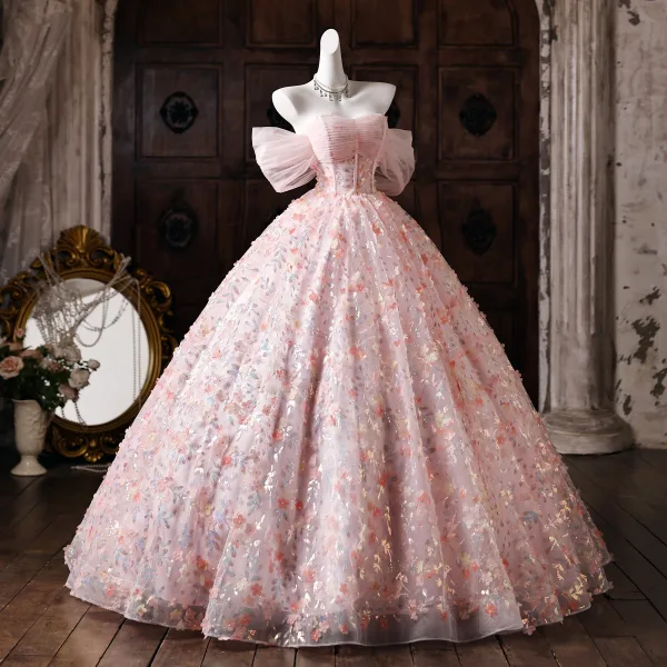 Blumenfee Rosa Applikationen Pailletten Ballkleider 2026 Ballkleid Off Shoulder Kurze Ärmel Rückenfreies Lange Festliche Kleider