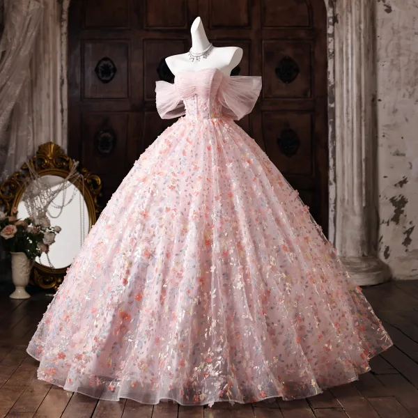 Blumenfee Rosa Applikationen Pailletten Ballkleider 2026 Ballkleid Off Shoulder Kurze Ärmel Rückenfreies Lange Festliche Kleider