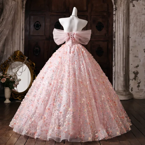 Blumenfee Rosa Applikationen Pailletten Ballkleider 2026 Ballkleid Off Shoulder Kurze Ärmel Rückenfreies Lange Festliche Kleider