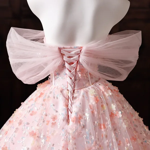 Blumenfee Rosa Applikationen Pailletten Ballkleider 2026 Ballkleid Off Shoulder Kurze Ärmel Rückenfreies Lange Festliche Kleider