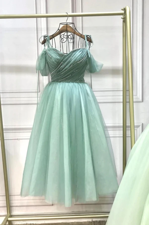 Modest Simple Sage Green Rhinestone Homecoming Tea-length Graduation Dresses 2024 A-Line