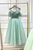 Modest / Simple Sage Green Rhinestone Homecoming Tea-length Graduation Dresses 2024 A-Line / Princess Spaghetti Straps Sleeveless Backless