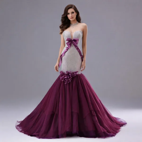 Sexy Purple Appliques Rhinestone Evening Dresses 2026 Trumpet / Mermaid Strapless Bow Sleeveless Backless Sweep Train Evening Party Formal Dresses