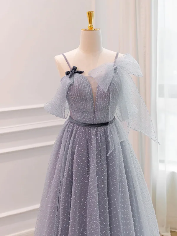 Charmant Gris Tachetée Robe De Bal 2024 Princesse Bretelles Spaghetti Sans Manches Dos Nu Noeud Ceinture Longue Robe De Ceremonie