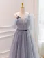 Charmant Gris Tachetée Robe De Bal 2024 Princesse Bretelles Spaghetti Sans Manches Dos Nu Noeud Ceinture Longue Robe De Ceremonie