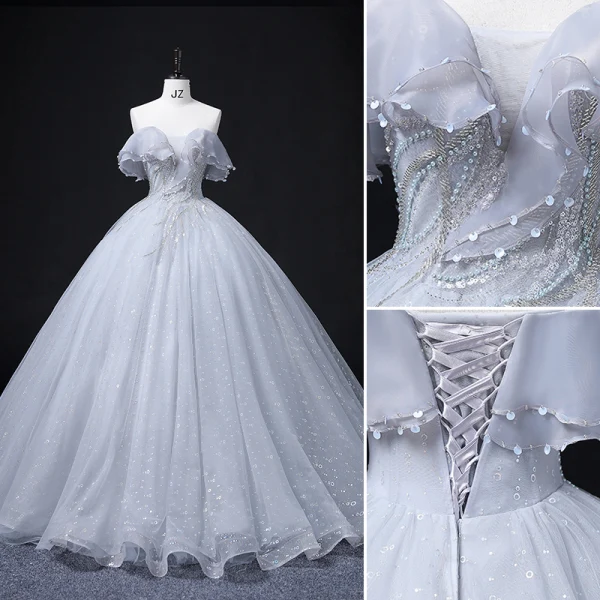 Chic / Beautiful Grey Prom Dresses 2022 Ball Gown Strapless Short Sleeve Backless Beading Pearl Sequins Floor-Length / Long Formal Dresses