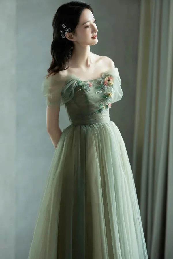 Chic / Beautiful Sage Green Appliques Prom Dresses 2024 A-Line / Princess Off-The-Shoulder Sleeveless Backless Lace Up Floor-Length / Long Prom Formal Dresses