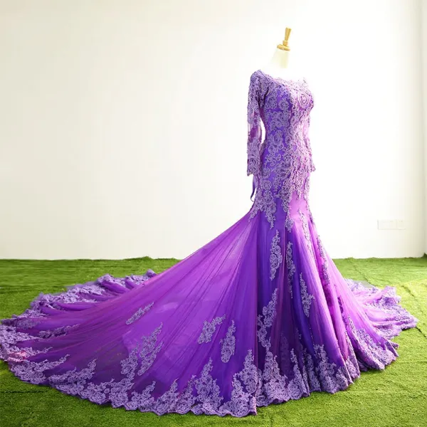 Chic / Beautiful Purple Evening Dresses  2017 Square Neckline Long Sleeve Appliques Lace Trumpet / Mermaid Formal Dresses