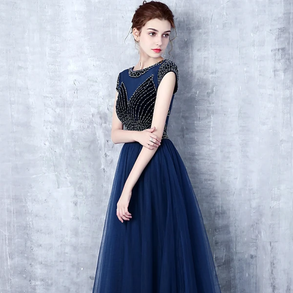 Modern / Fashion Navy Blue Evening Dresses 2017 Sparkly U-Neck Lace Striped Rhinestone Evening Party A-Line / Princess Formal Dresses