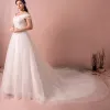 Chic / Beautiful White Wedding Dresses 2017 A-Line / Princess V-Neck Tulle Beading Sequins Appliques Backless Wedding