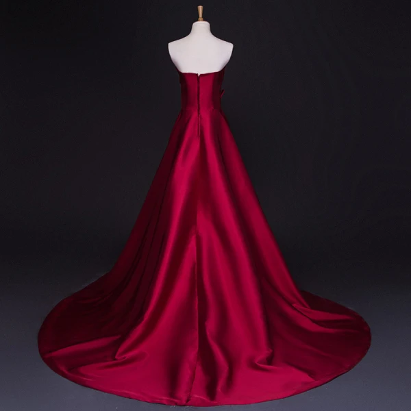 Modest / Simple Burgundy Evening Dresses  2017 A-Line / Princess Zipper Striped Charmeuse Strapless Evening Party Formal Dresses