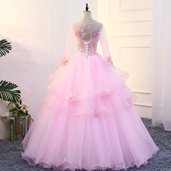 Flower Fairy Candy Pink Prom Dresses 2018 U-Neck Tulle Ball Gown Appliques Backless Beading Prom Formal Dresses