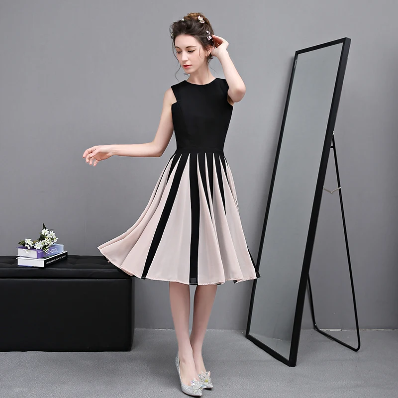Classic Elegant Black Graduation Dresses 2017 A Line Princess U Neck Tulle  Buttons Striped Homecoming Formal Dresses