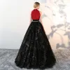 Chic / Beautiful Black Prom Dresses 2018 A-Line / Princess Tulle High Neck Appliques Beading Printing Prom Formal Dresses