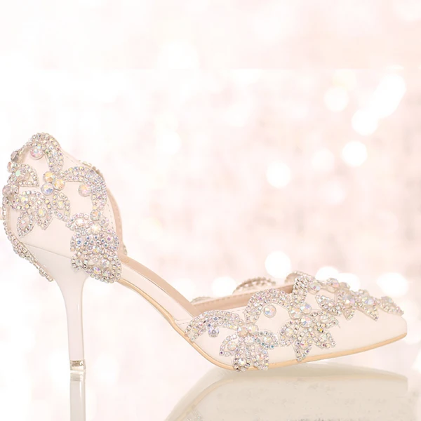 Schöne Weiß 2018 7 cm Hochhackige Spitzschuh Perlenstickerei Kristall Strass Hochzeit Ball Stilettos Brautschuhe