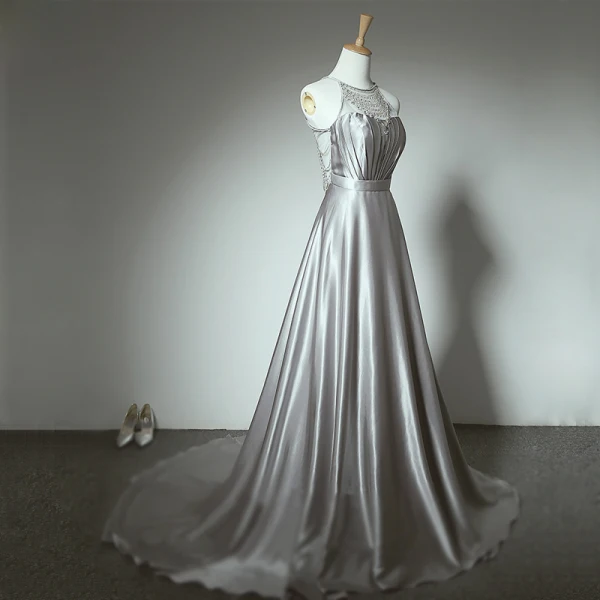 Amazing / Unique Grey Court Train Evening Dresses 2018 Charmeuse A-Line / Princess U-Neck Zipper Up Backless Beading Evening Party Formal Dresses