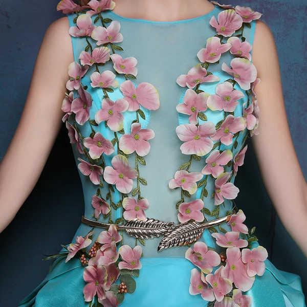 Flower Fairy Jade Green Floor-Length / Long Ball Gown Prom Dresses 2018 Ankle Strap Charmeuse U-Neck Appliques Formal Dresses