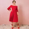 Simple Rouge Grande Taille Robe De Soirée 2018 Princesse 3/4 Manches Fermeture éclair Fermeture éclair Charmeuse Bustier Printemps Soirée Robe De Ceremonie