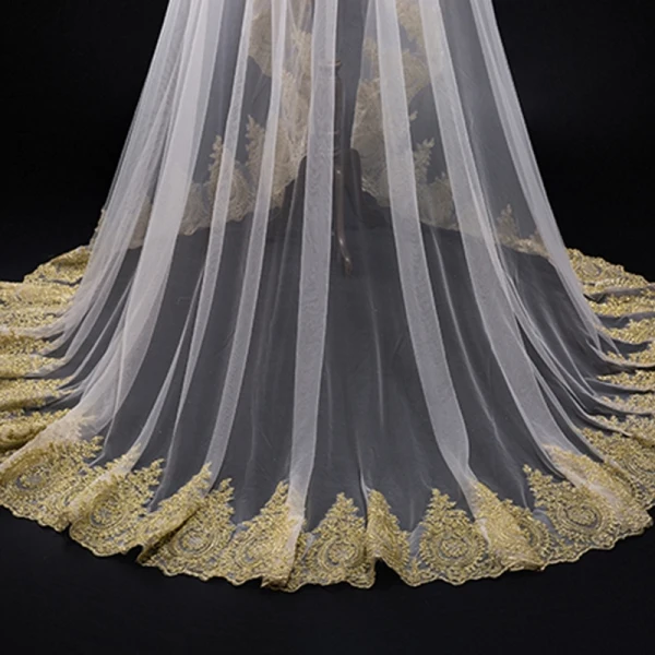 Unique Champagne Mariage Tulle En Dentelle Appliques Voile De Mariée 2018