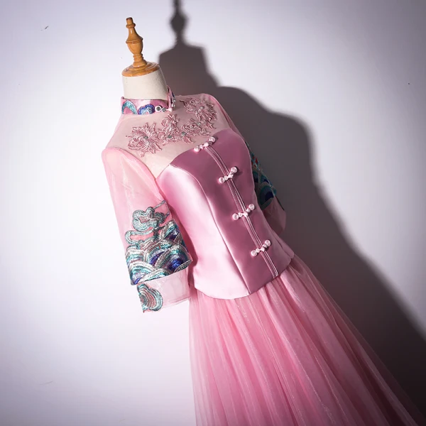 Chinese style Candy Pink Floor-Length / Long Evening Dresses 2018 A-Line / Princess High Neck Tulle Appliques Backless Beading Rhinestone Evening Party Formal Dresses