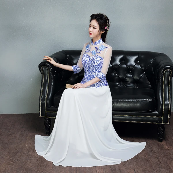 Chinese style Royal Blue Floor-Length / Long Evening Dresses 2018 A-Line / Princess 3/4 Sleeve Backless Printing Tulle Evening Party Formal Dresses