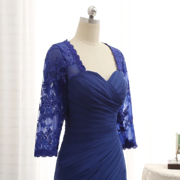 Vintage / Originale Bleu Roi Robe De Mère De Mariée 2019 Dentelle Chiffon V-Cou Appliques Perlage Brodé Faux Diamant Train De Balayage Église Trompette / Sirène Robe Pour Mariage