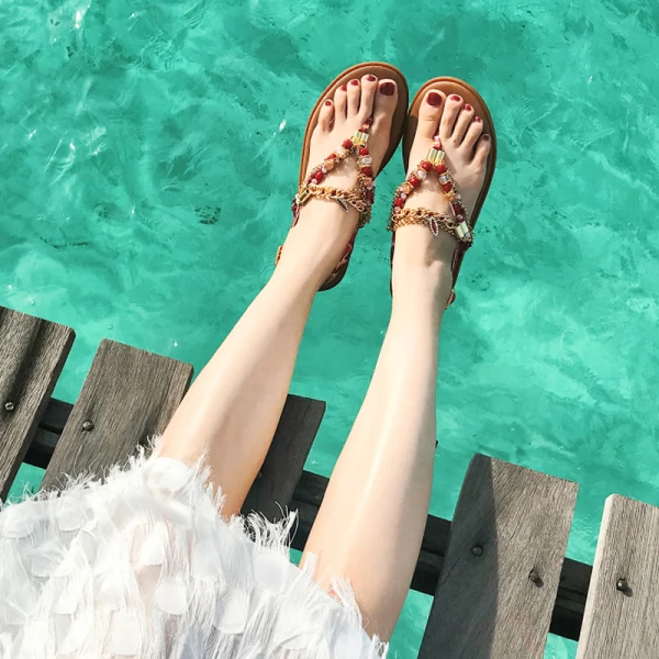 Bohême Luxe Marron Sandales Femme Plage Jardin / Extérieur Peep Toes / Bout Ouvert Été Perlage Cristal Faux Diamant Plate Sandales Chaussures Femmes 2019