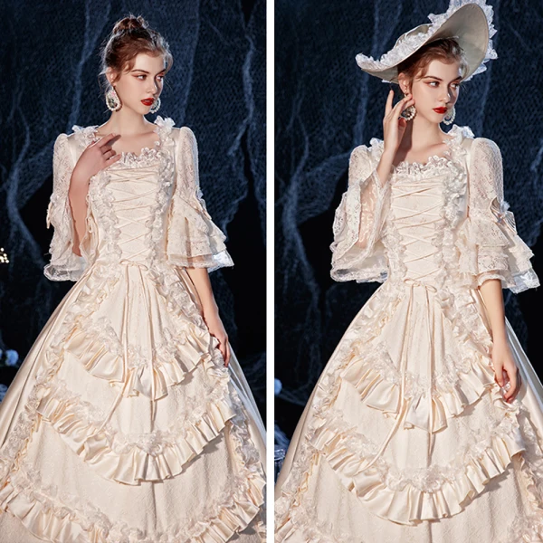 Vintage / Retro Medieval Champagne Ball Gown Prom Dresses 2021 Square Neckline Zipper Up 3/4 Sleeve Floor-Length / Long Handmade Beading Cosplay Formal Dresses