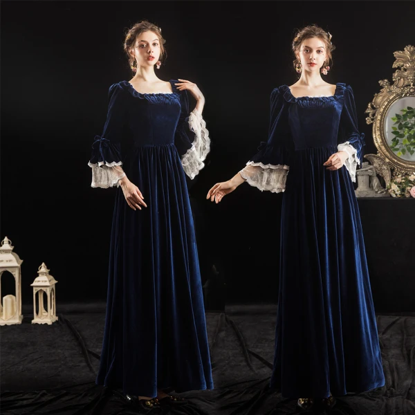 Vintage / Retro Medieval Navy Blue Evening Dresses  2021 A-Line / Princess Square Neckline 3/4 Sleeve Lace Floor-Length / Long Lace Satin Tulle Evening Party Formal Dresses