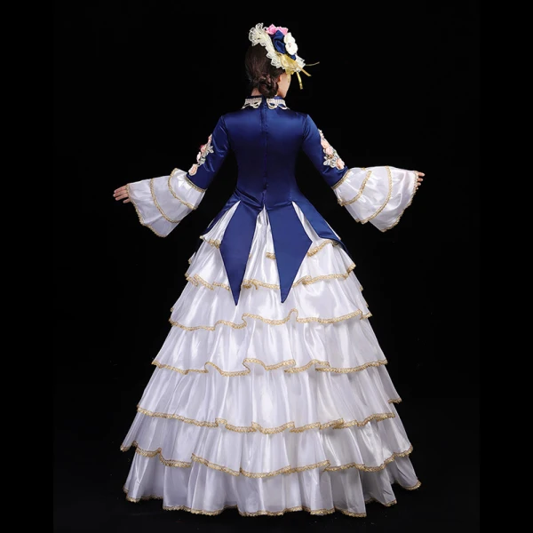 Vintage / Retro Medieval White Navy Blue Ball Gown Prom Dresses 2021 Long Sleeve High Neck Floor-Length / Long 3D Lace Embroidered Flower Cosplay Prom Formal Dresses
